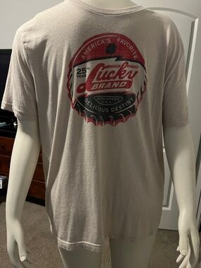 Lucky Brand Men’s Short Sleeve Tee in Beige with Red Graphic
